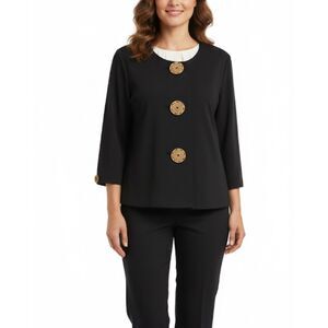 Coldwater Creek Womens Black Ponte Collarless Wood Button 3/4 Sleeve Jacket Sz S